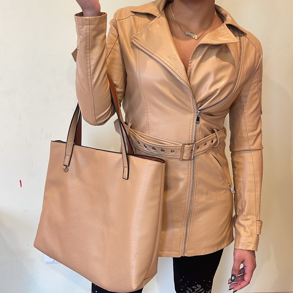 ENTRY CREAM FAUX LEATHER JACKET AND TOTE FOR ONE LOW PRICE